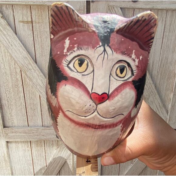 Cat Wooden Carved Handpainted Made in Indonesia 6in - Picture 7 of 10